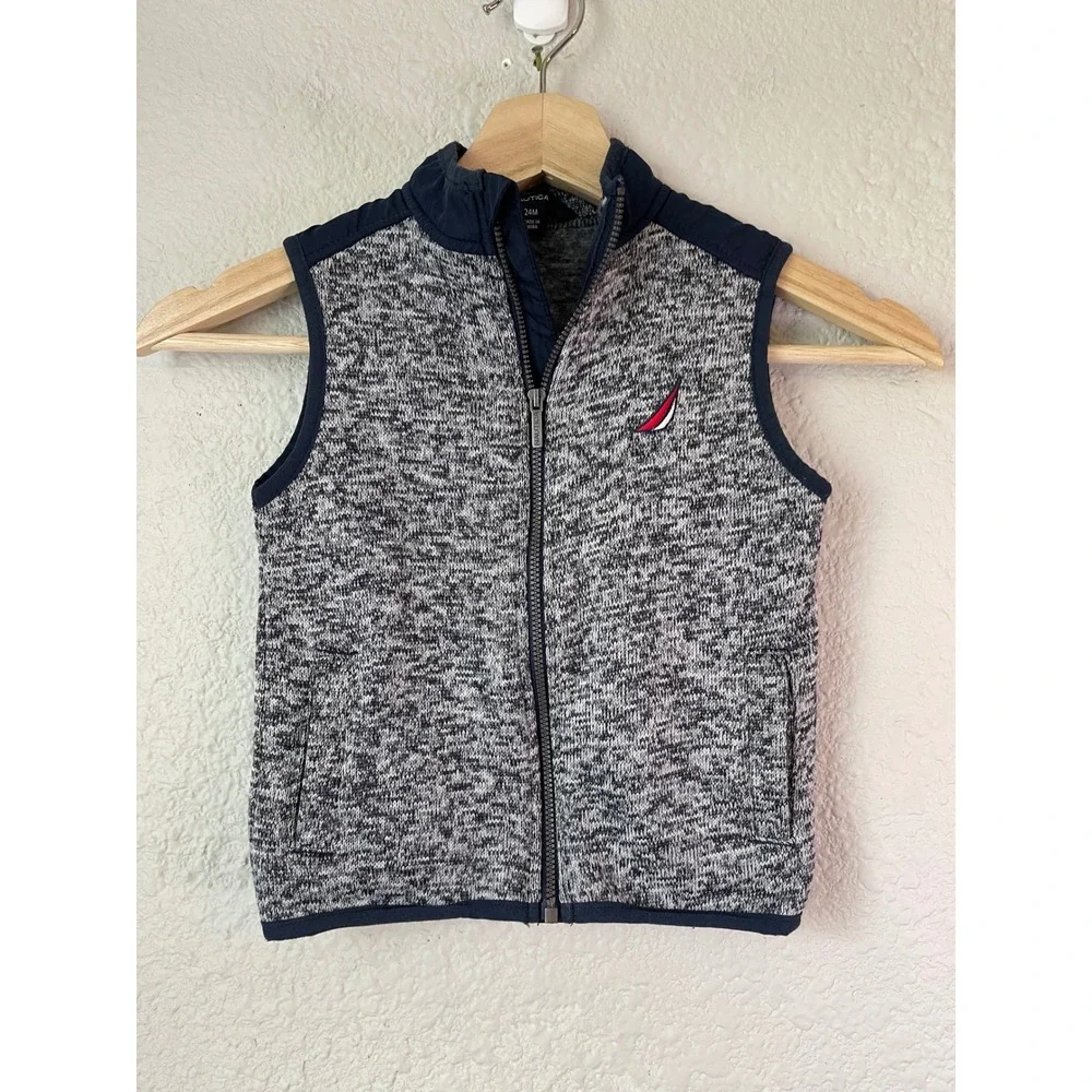 Nautica Boys 24M/2T Speckled Gray Zip Up Vest Nautical Logo‎ Outerwear